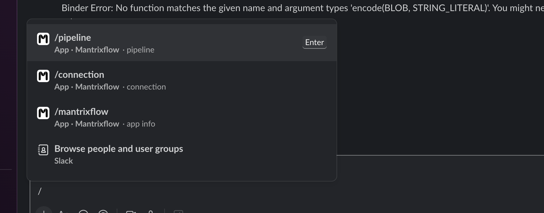 Slack slash commands in MantrixFlow