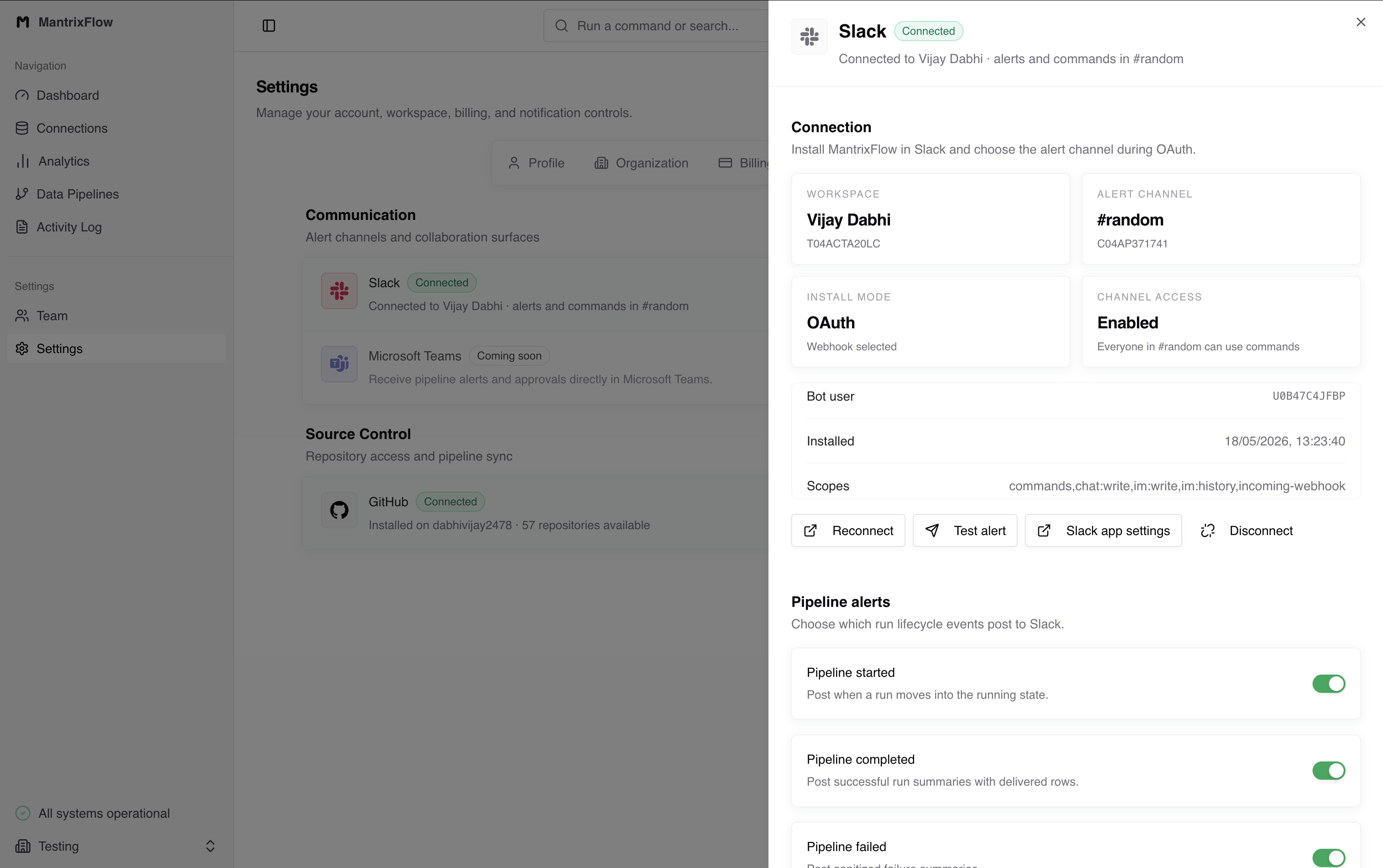 Slack integration settings in MantrixFlow