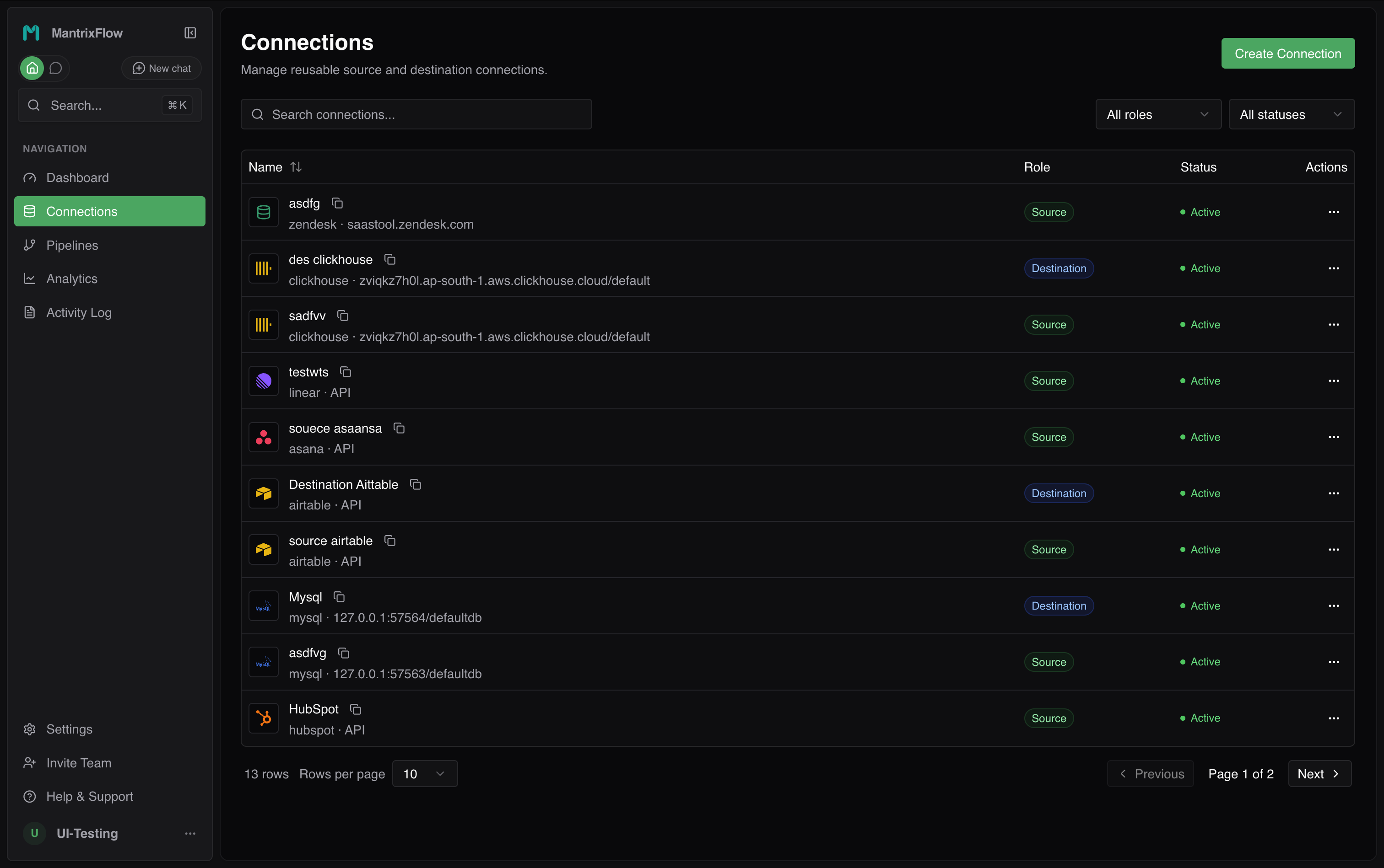 MantrixFlow integrations screen